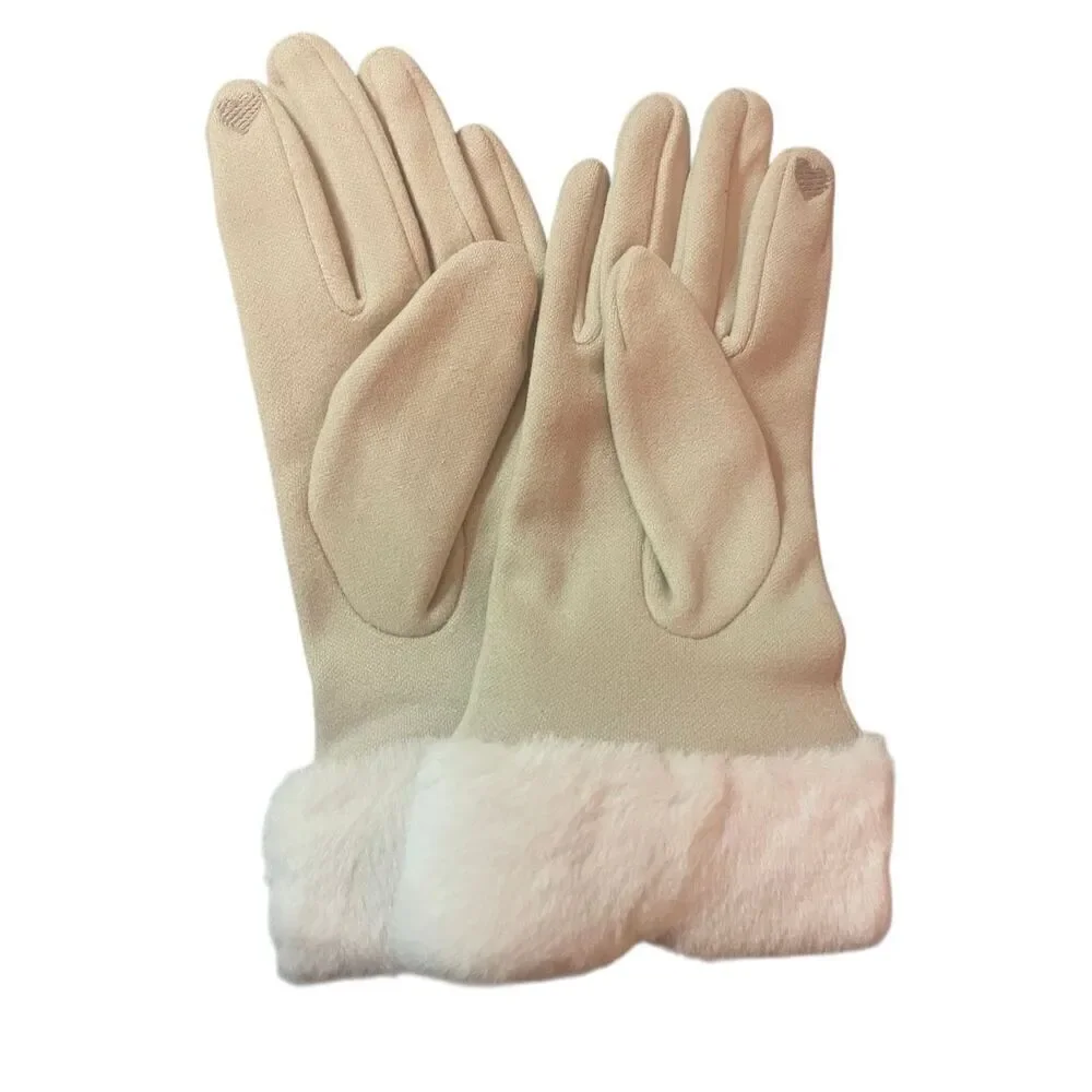 Women’s Beige Thermal Winter Gloves Faux Fur Cuff Touchscreen Compatible